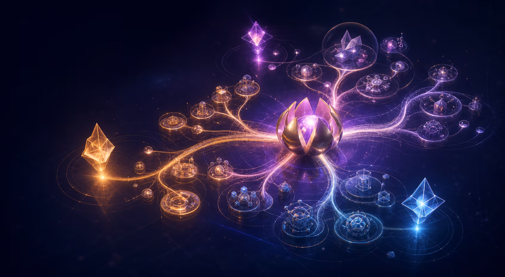 A luminous idea core branching into several connected invention scenarios and knowledge paths