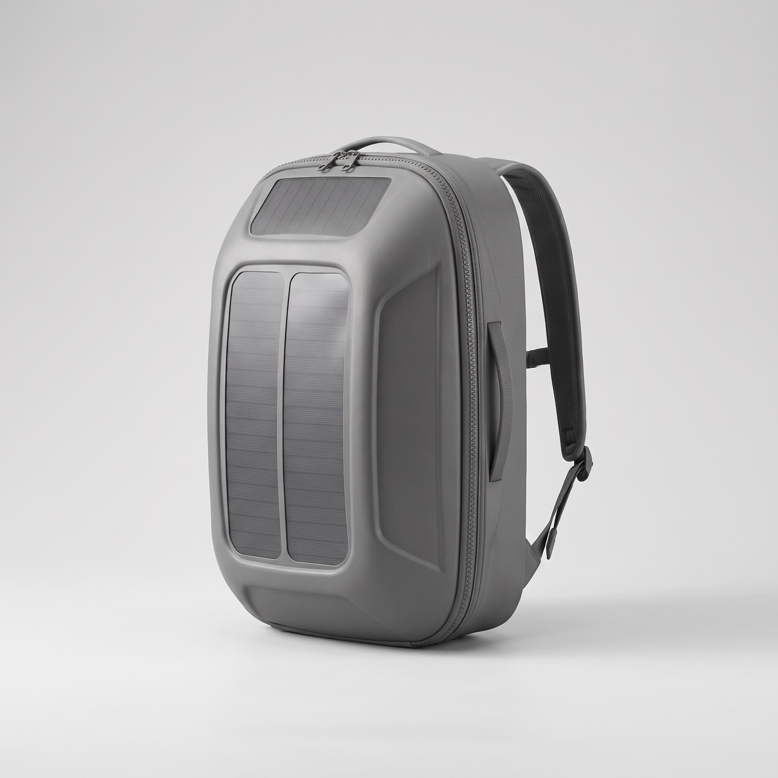 AI concept rendering of the Solar Shelter hard-shell backpack with solar panels.